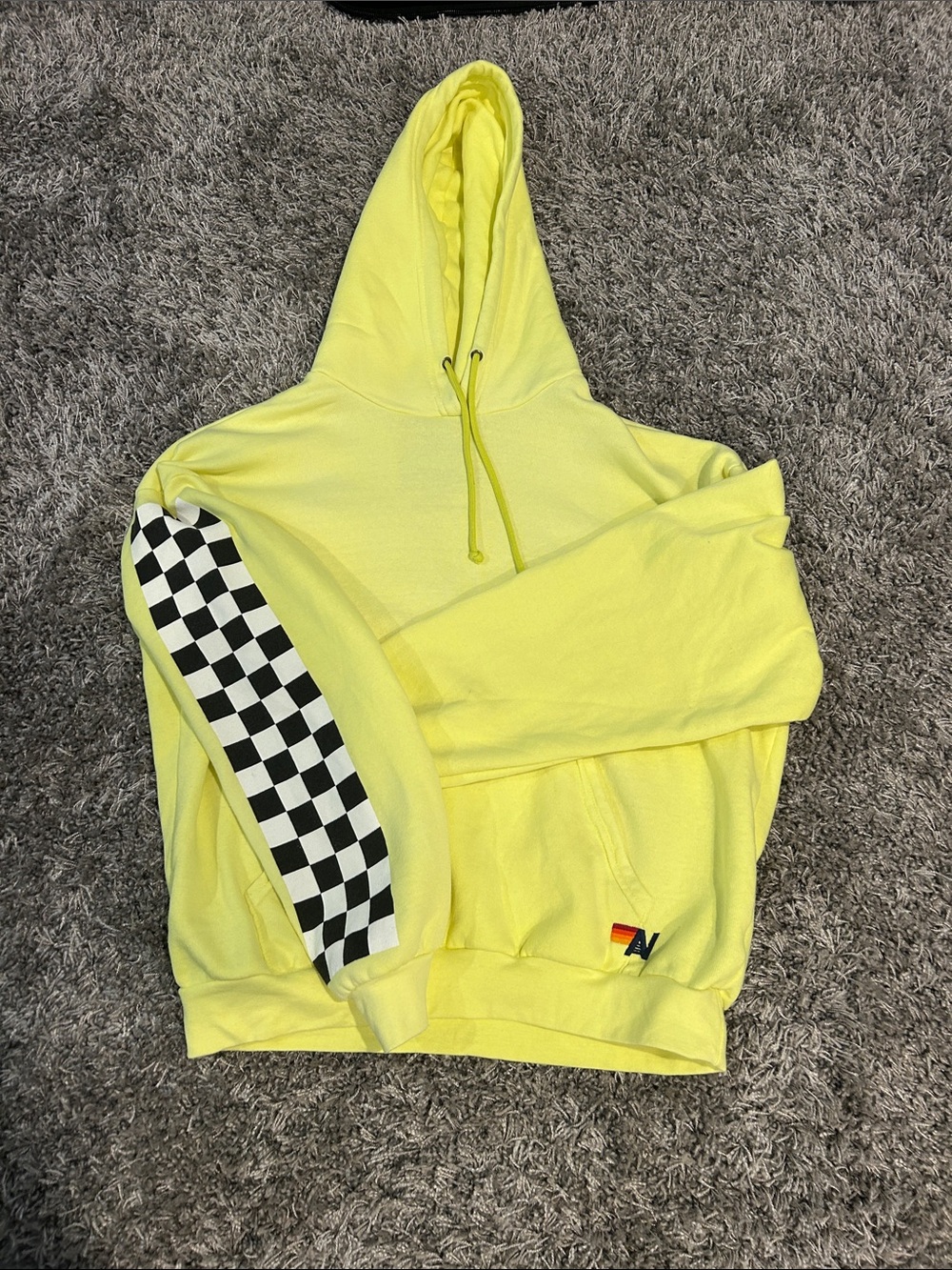 Aviator Nation Yellow Hoodie with Black-and-White Checker Sleeve